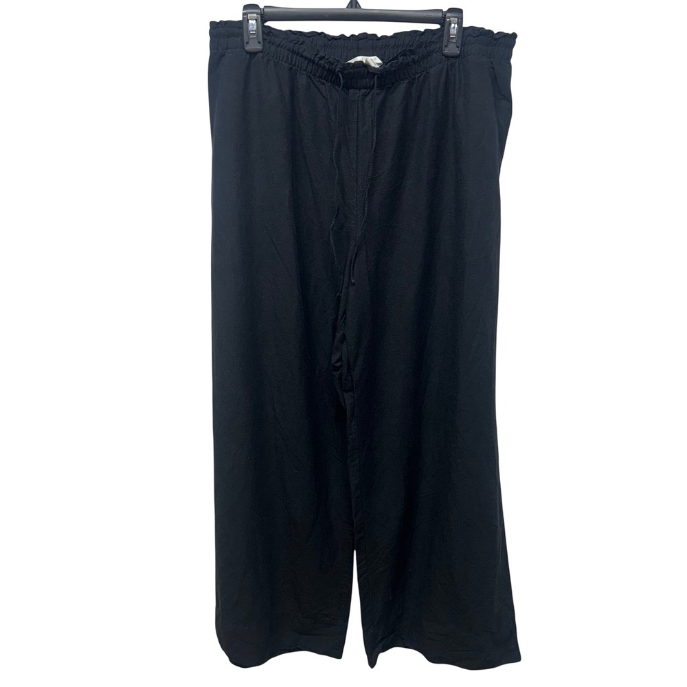 HM Womens Black Linen Blend Wide Leg Pants Paperbag Waist pull-on minimalist